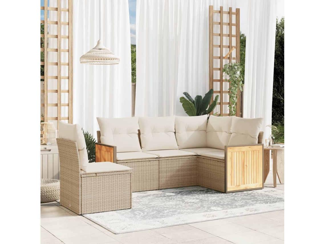 Vidaxl 5 Pcs Conjunto De Sofás P/ Jardim Com Almofadões Vime Pe Bege