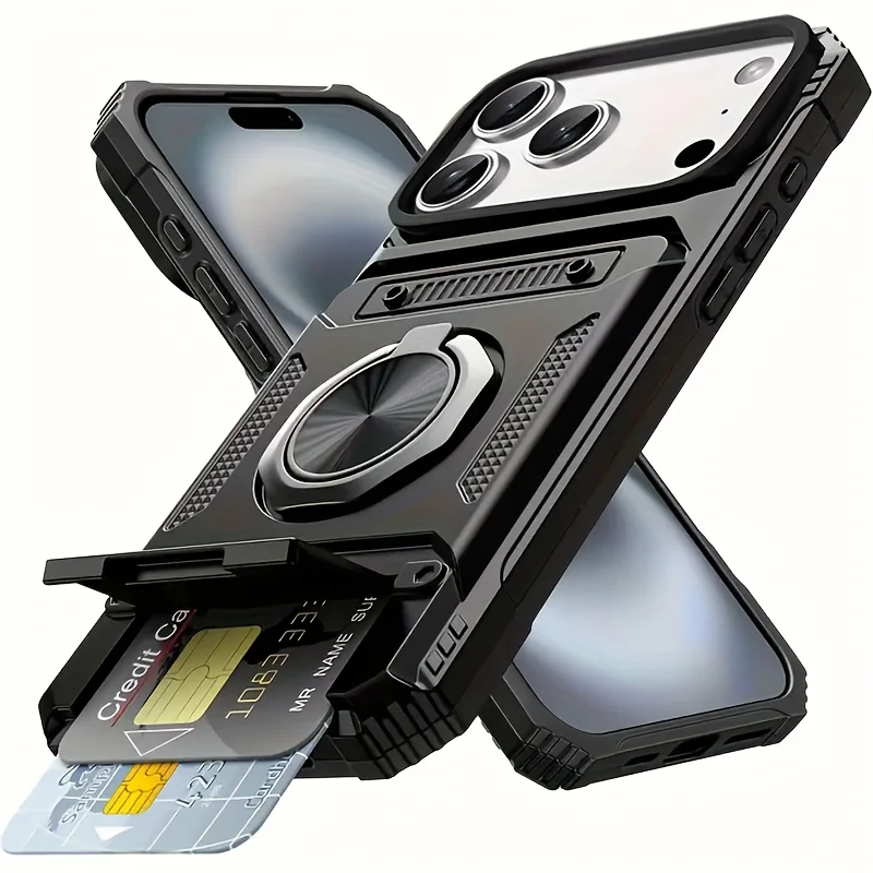 Capa Para Iphone 17 Preta Com Suporte Magnético Giratório Em Anel, Resistente A Quedas E Com Design De Carteira.