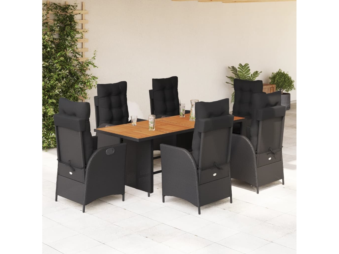 Vidaxl 7 Pcs Conjunto de Jantar P/ Jardim C/ Almofadões Vime Pe Preto