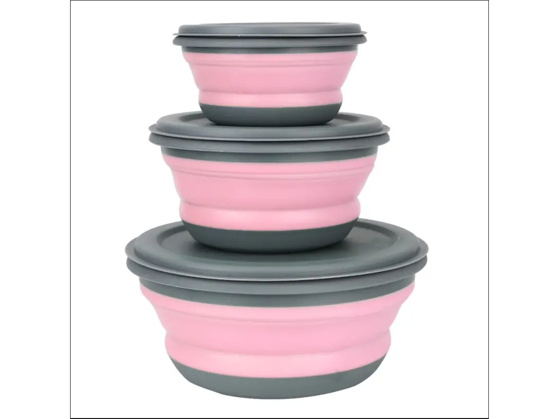 (rosa) Conjunto De Lancheira Dobrável De Silicone De Três Peças, Com Tampa, Copo E Tigela Dobrável.