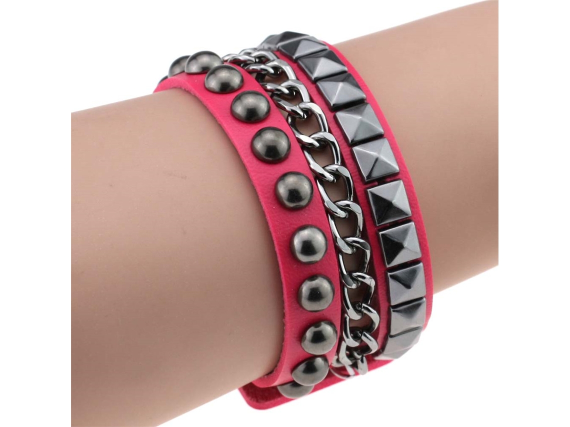 Pulseira Punk De Couro Pu Com Rebites E Corrente