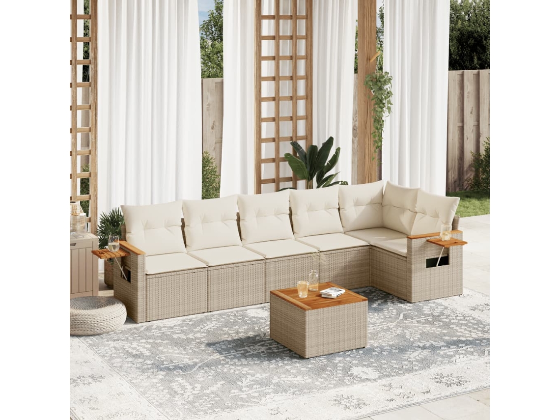 Vidaxl 7 Pcs Conjunto De Sofás P/ Jardim Com Almofadões Vime Pe Bege
