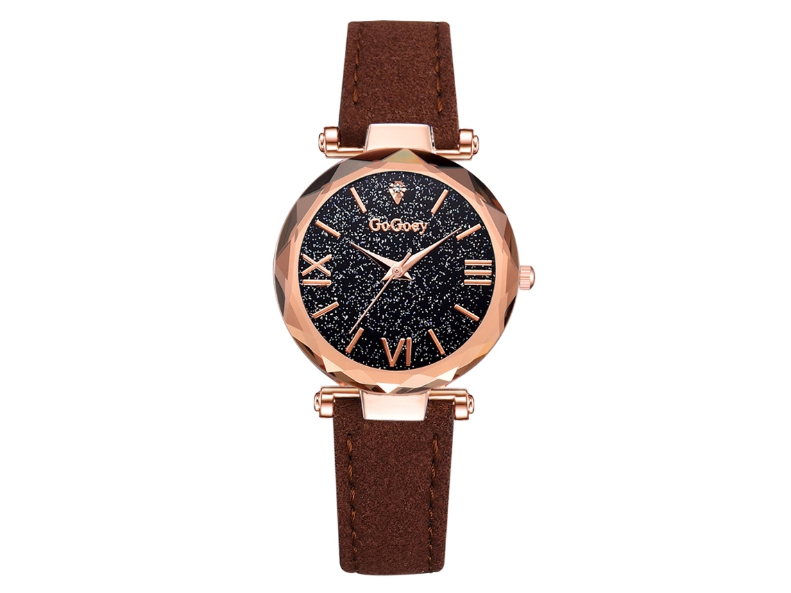 Relógio de Pulso Feminino de Quartzo com Mostrador Céu Estrelado Pulseira Pu Marrom
