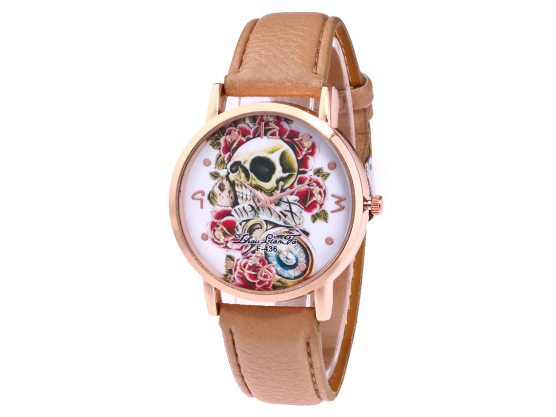 Reloj De Casal Zhoulianfa F-436 Com Design De Crânio, Pulseira De Couro, Quartzo, Creme