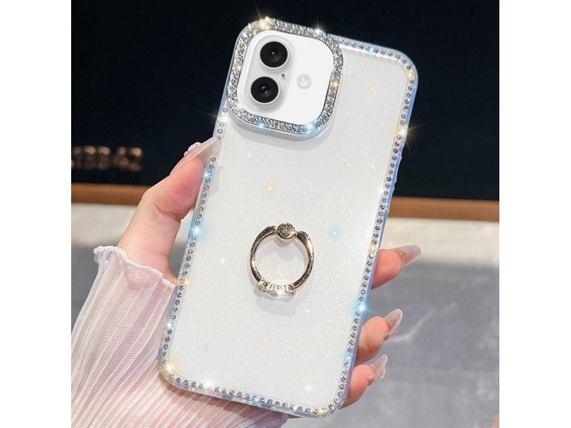 Capa Para Iphone 17 Com Glitter De Strass E Suporte De Anel, Resistente A Impactos.