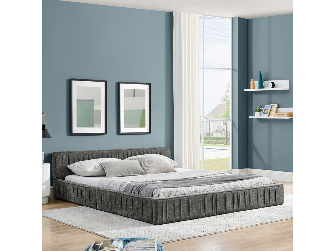 Cama Casal 160x200cm Chenille Eucalipto Ferro Cinza Escuro
