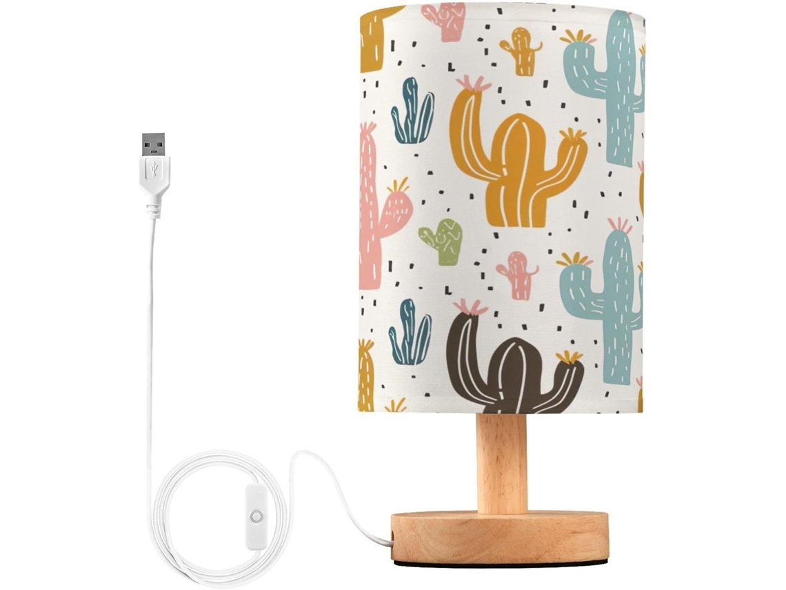 Abajur De Cabeceira Em Aquarela Com Estampa De Cacto, Portas De Carregaje USB C, Luminária De Mesa Cabeceira, Luminária