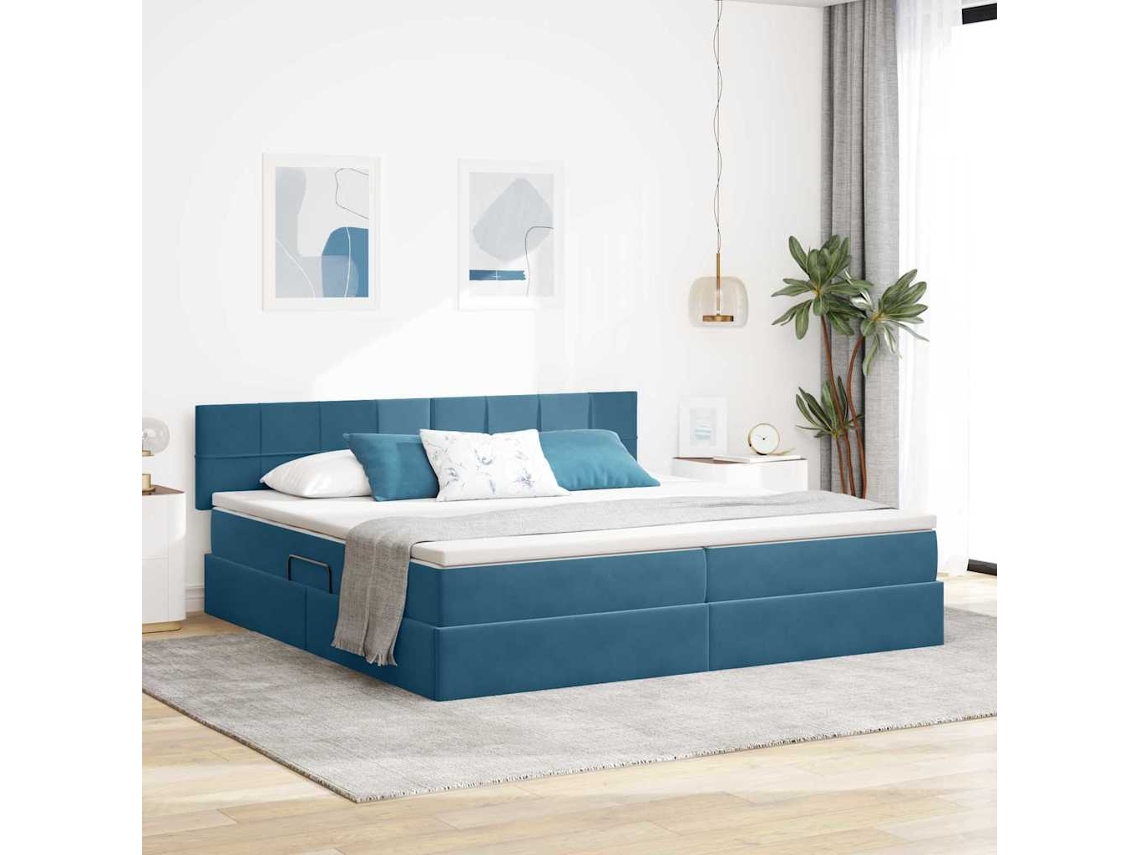 Vidaxl Cama De Armazenamento Led Com Colchão Azul Escuro 200 X 200 Cm