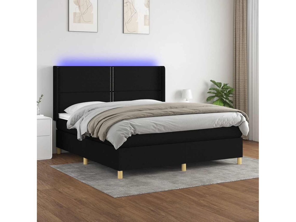 Vidaxl Cama Box Spring C/ Colchão E Led 160x200 Cm Tecido Preto