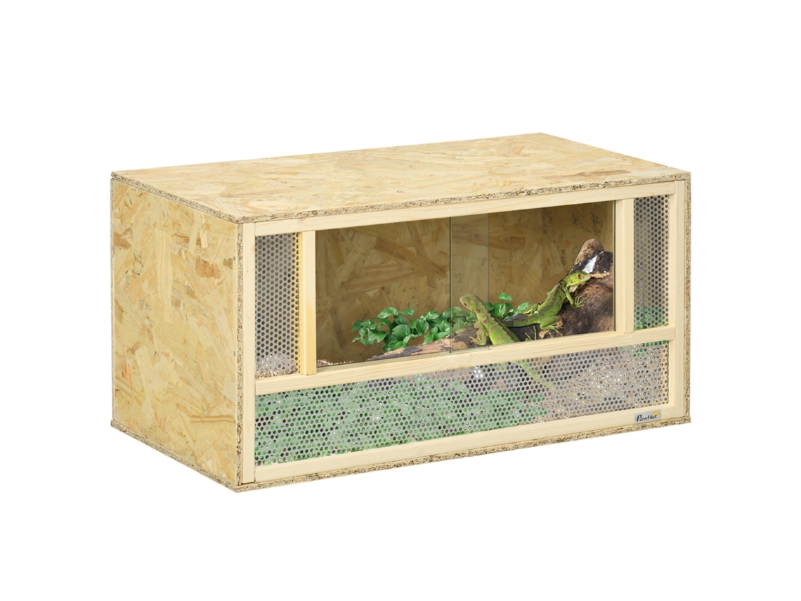 Terrário de Madeira Osb para Répteis e Anfíbios com Porta Deslizante de Vidro 80 X 40 X 40 Cm Natural Ge