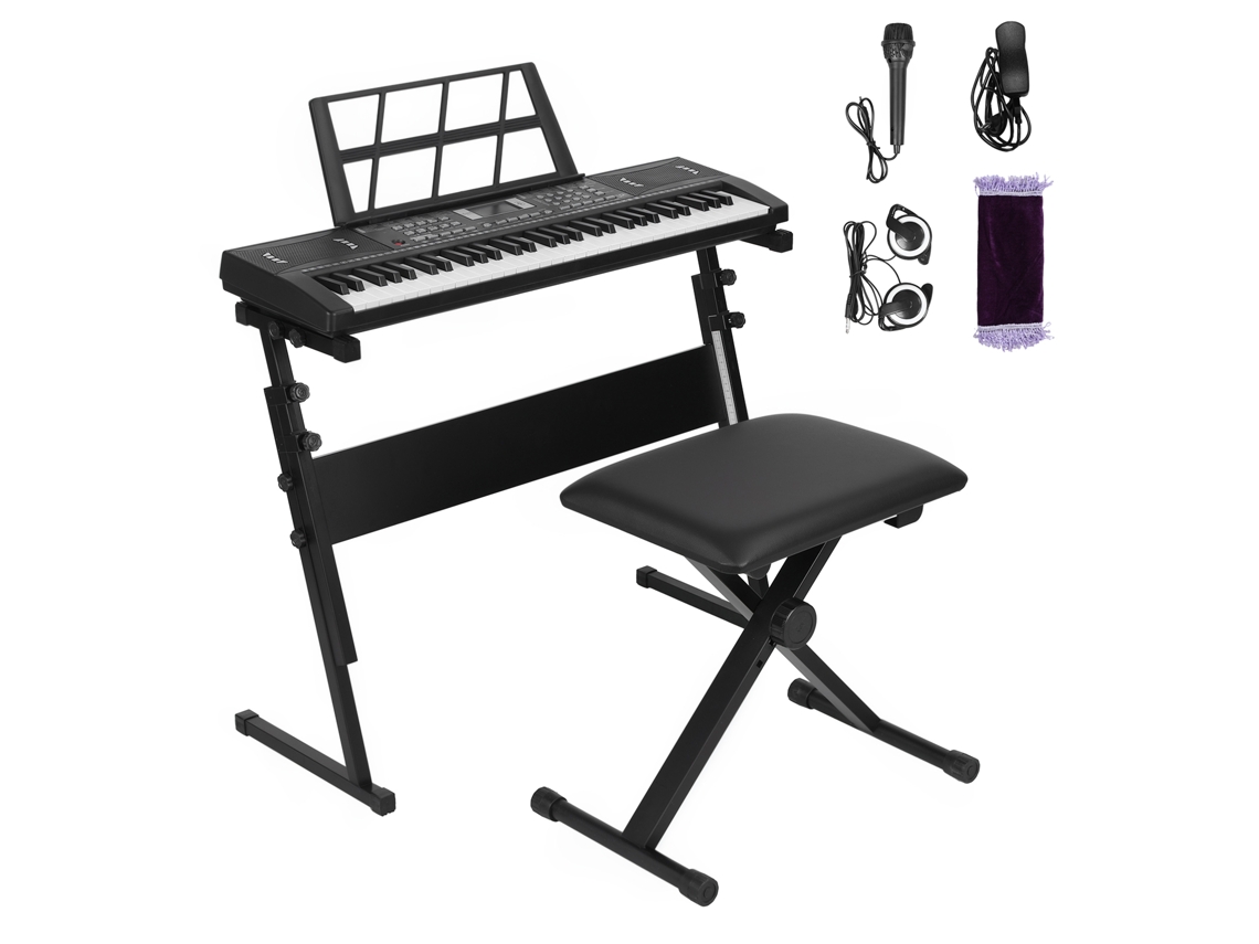 Teclado Musical 61 Teclas Kit Completo Com Suporte, Banco, Microfone E Fones Para Iniciantes E Crianças,com Altifalante,300 Ritmos,teclas Iluminadas