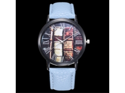 Relógio de pulso unissex de quartzo com pulseira de PU, mostrador redondo, T431 azul claro.