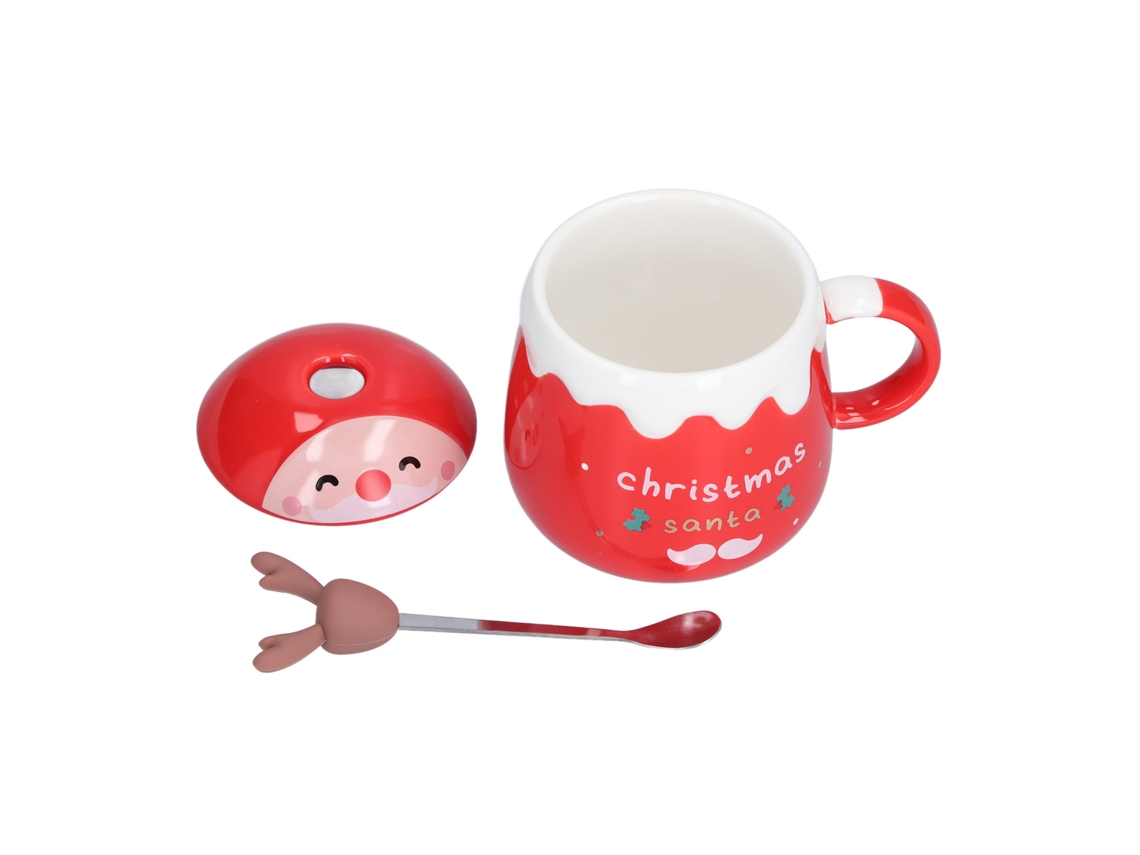 Caneca Elfo Fofo Natal Cerâmica 450ml Tampa Colher Vermelha Tipo C
