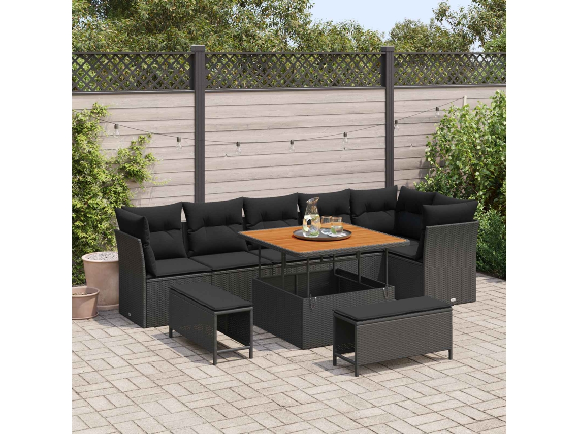 Vidaxl Conjunto De Sofá De Jardim Com Almofada 9 Pcs Preto