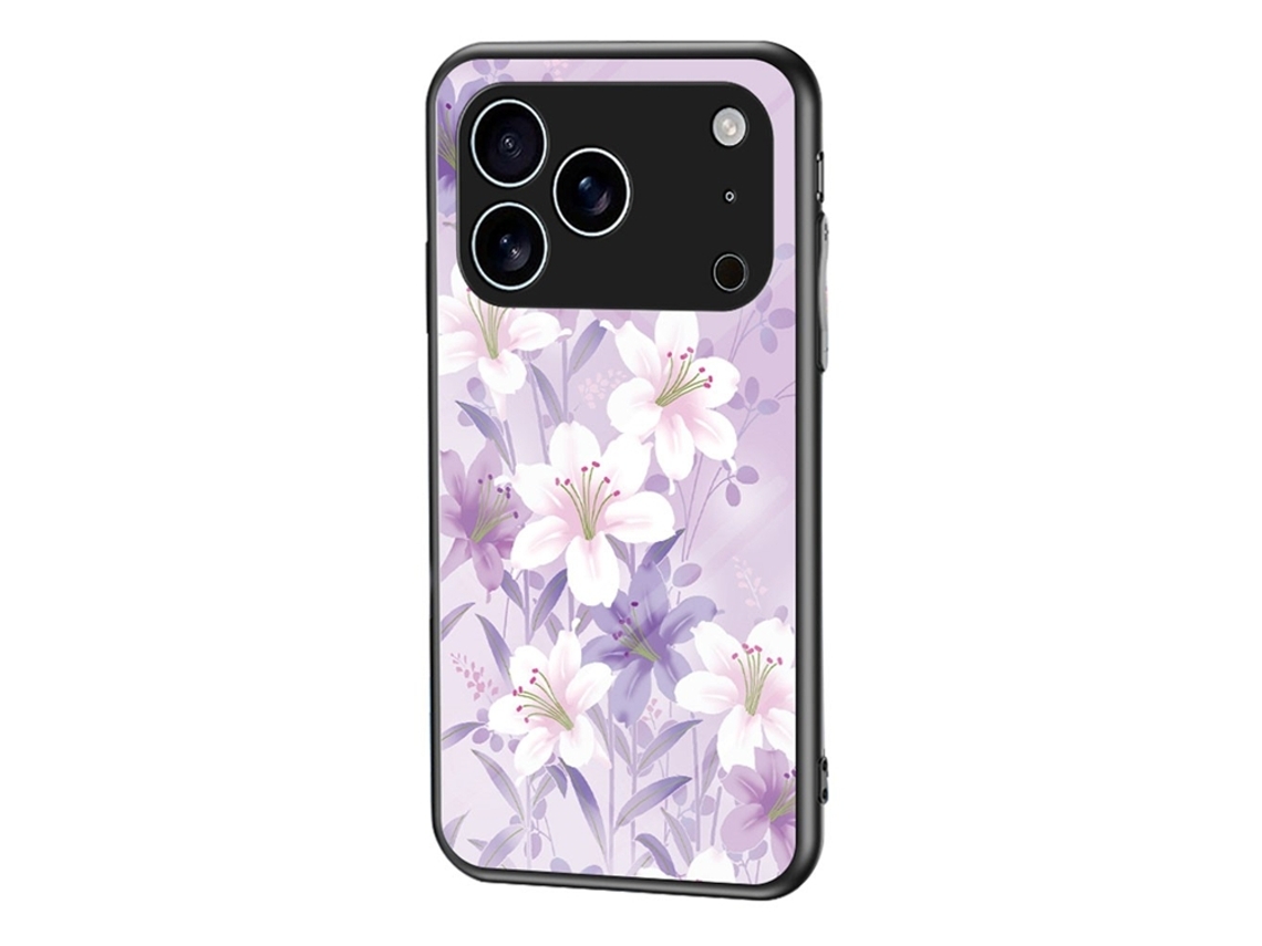 Capa Para Iphone 17 Pro Com Estampa Floral Em Tpu Vidro Temperado - Roxa