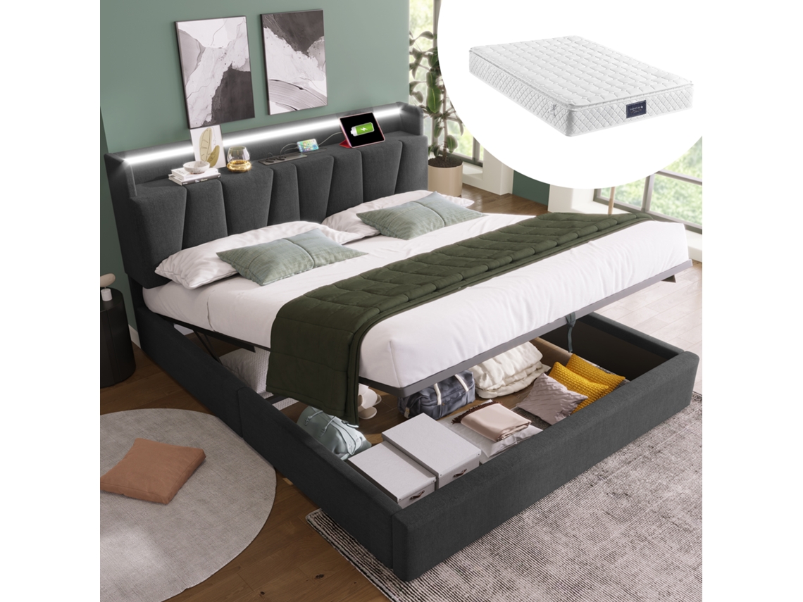 Cama de 140x200 Cm com Arrumação, Cabeceira, Entradas Led e Usb, Base de Ripas de Madeira, Tecido Cinzento e Colchão Incluído. VSOGA