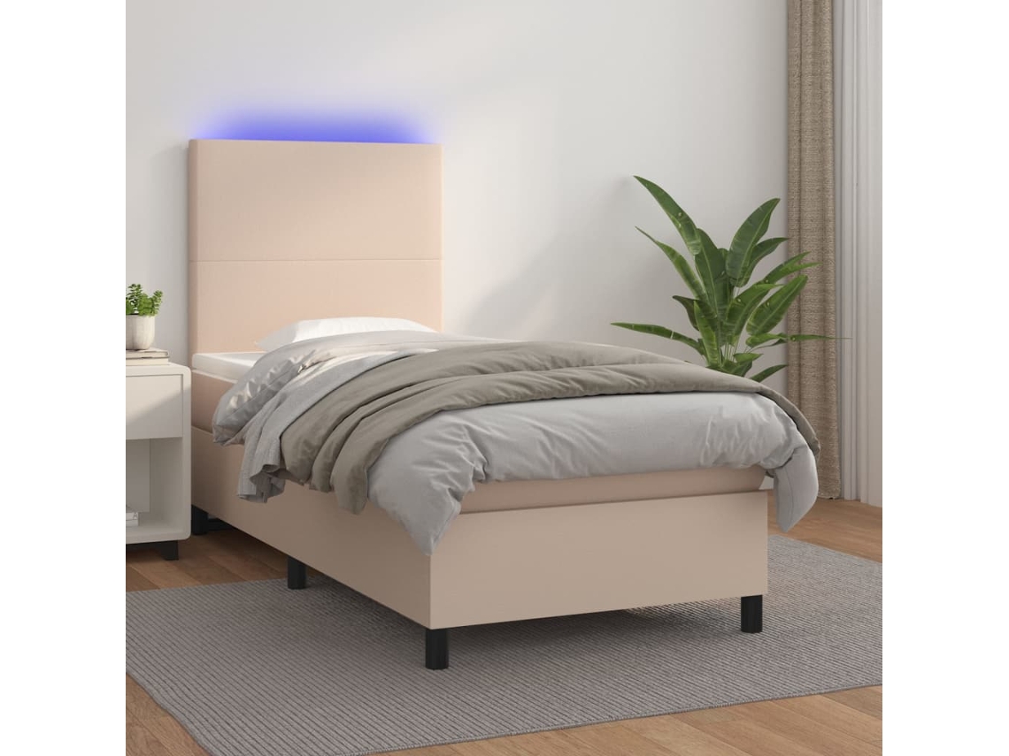 Vidaxl Cama Box Spring C/ Colchão/led 90x200cm Couro Artif. Cappuccino