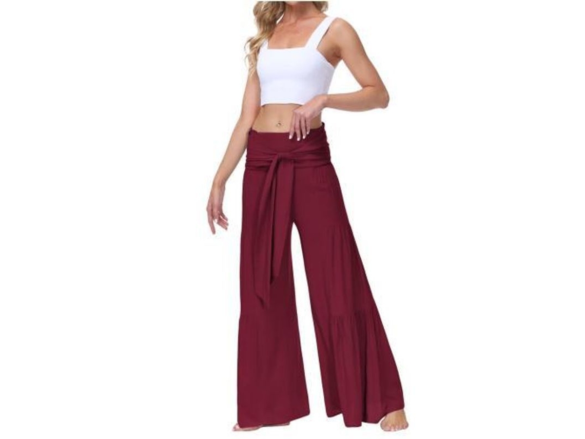 2026 pantalones de Pijama de Pierna Ancha para Mujer de Cintura Alta Con Correa Atada para Playa Yoga Y Descanso XXL Vino Rojo