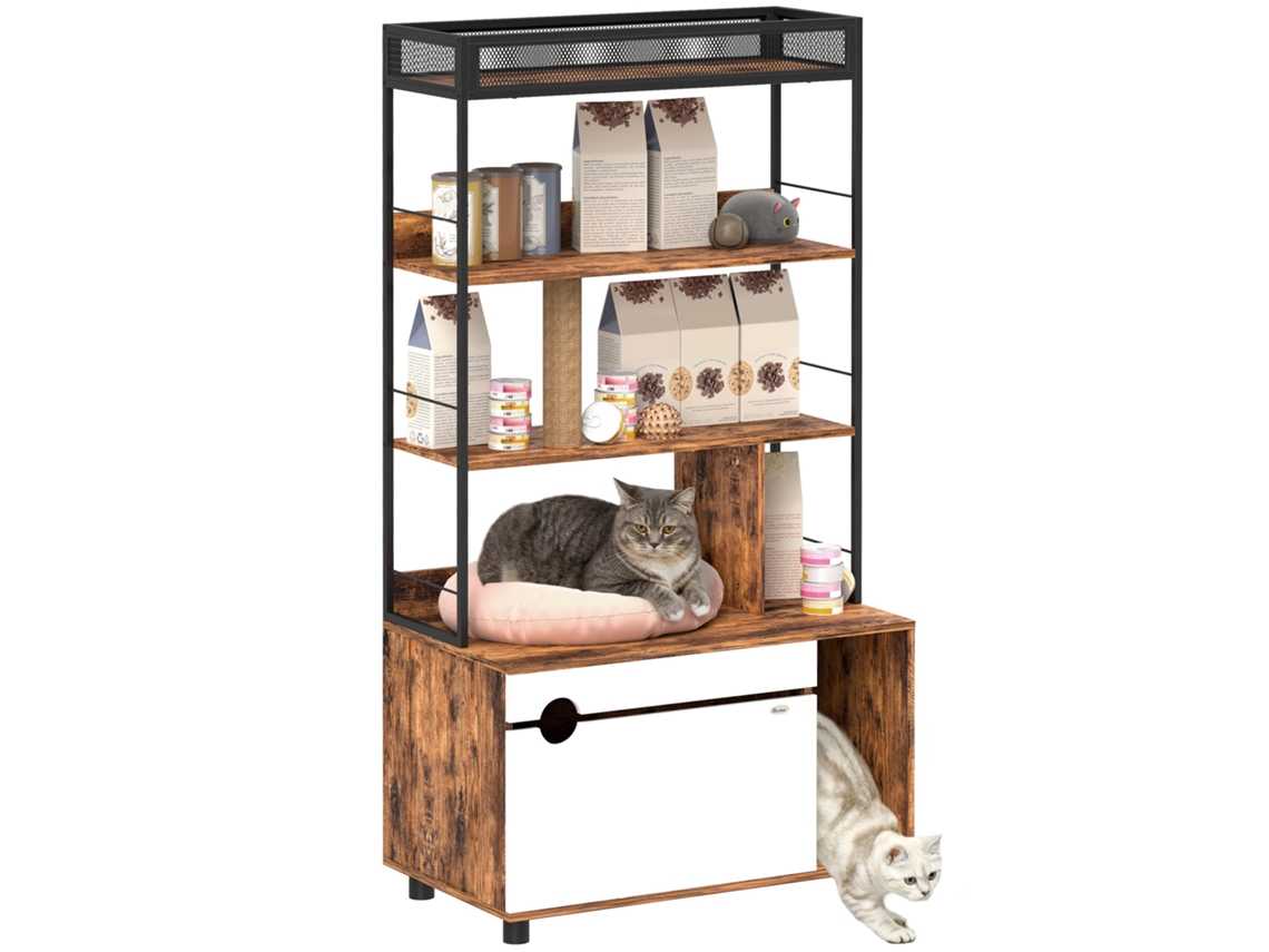 Caixa de Areia para Gato com Prateleira de 3 Níveis e Arranhador, Caixa de Areia Fechada, 80 X 48 X 152 Cm, Marrom Ge