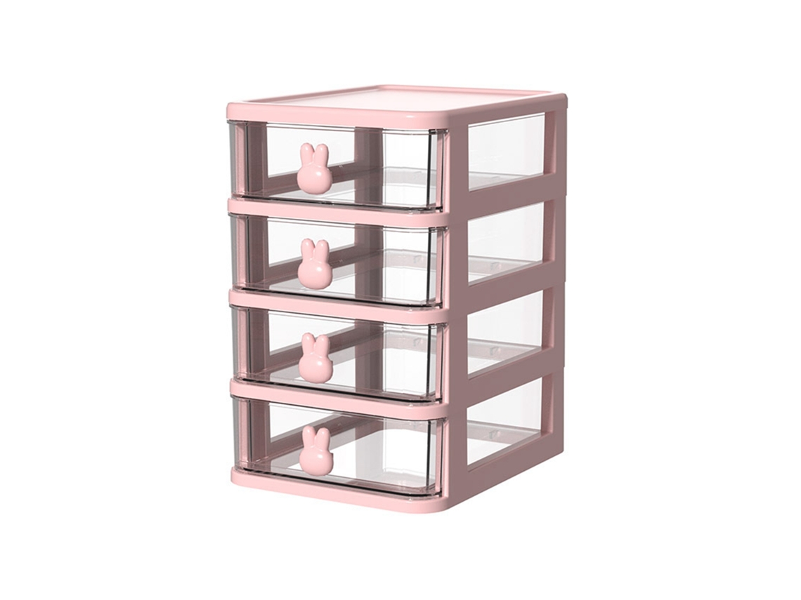 Caixa Organizadora De Escritório Com Gavetas De Plástico Transparentes, 4 Níveis, Alça De Coelho, Rosa (13.4x17x21cm)