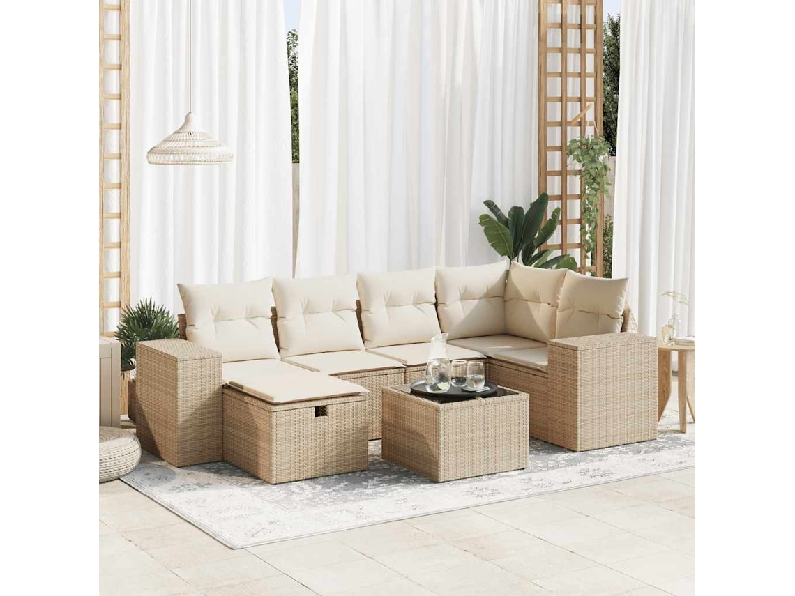 Vidaxl 7 Pcs Conjunto De Sofás P/ Jardim Com Almofadões Vime Pe Bege