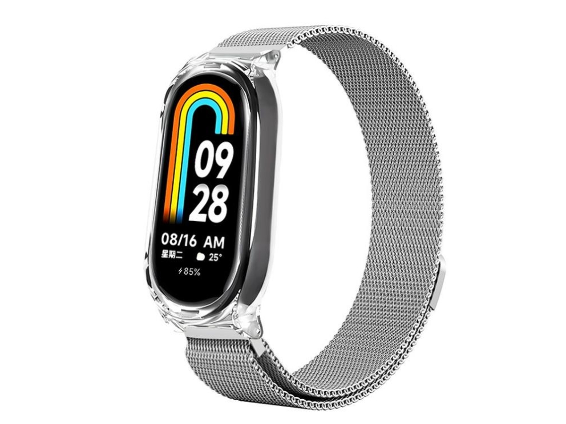 Capa e Bracelete para Xiaomi Smart Band 9/8 Pc Transparente Milan Magnética em Metal Prata XIAOMOYU