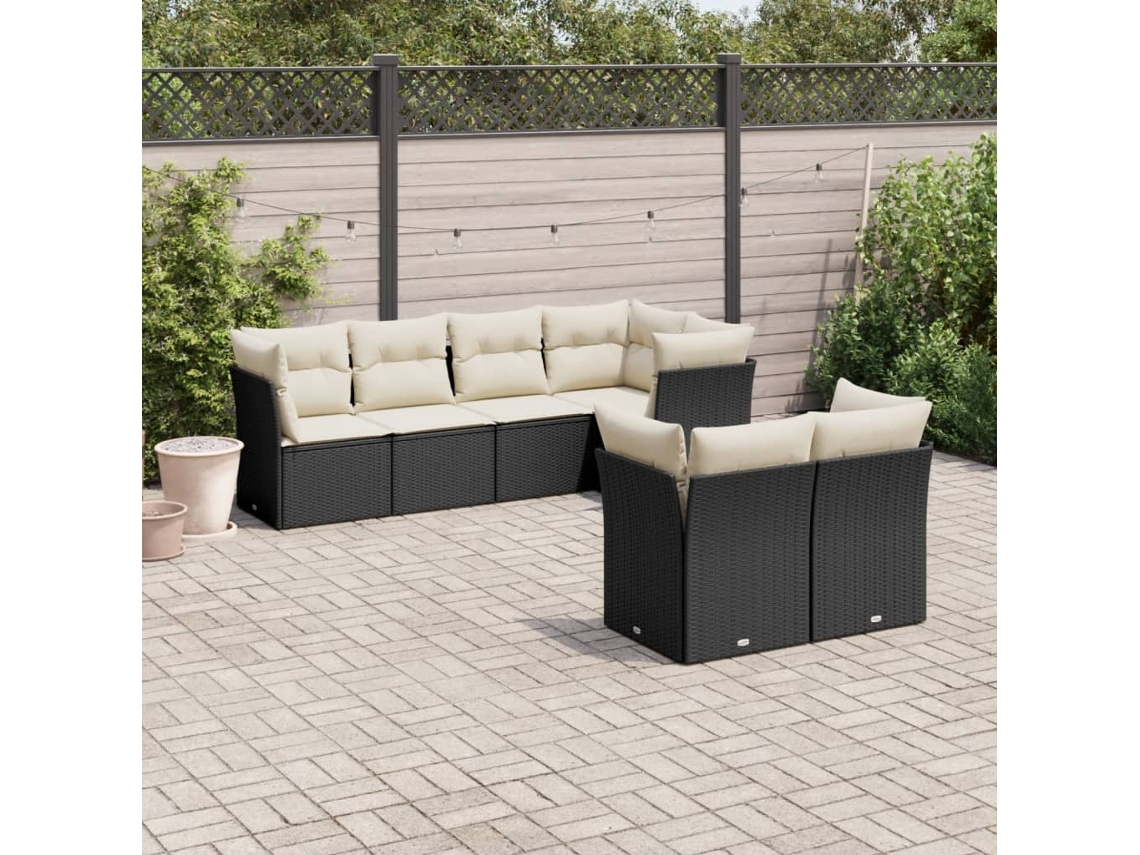 Jogo de Sofá 7 Peças P/ Jardim C/ Almofadões Vime Pe Preto Dkd Home Decor