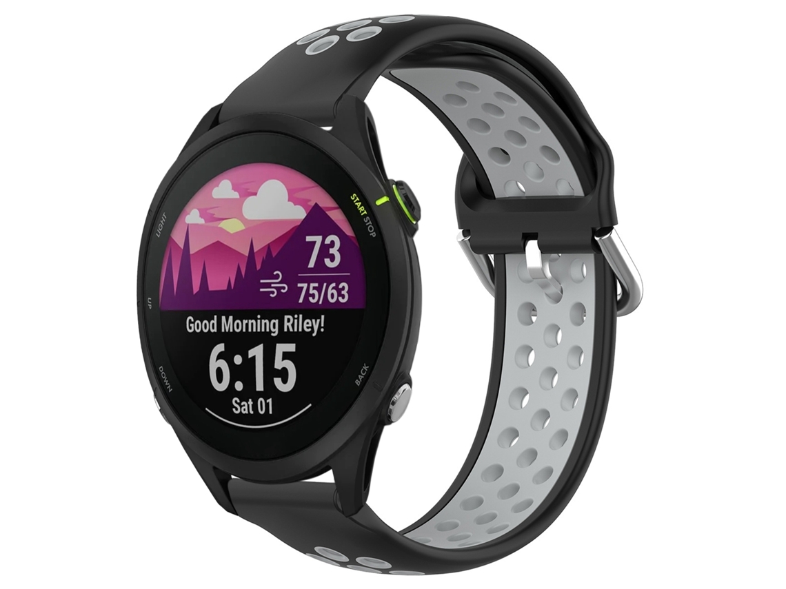 Bracelete de Smartwatch para Garmin Forerunner 255 Music 22mm desportiva respirável perfurada de silicone (preto + cinza)