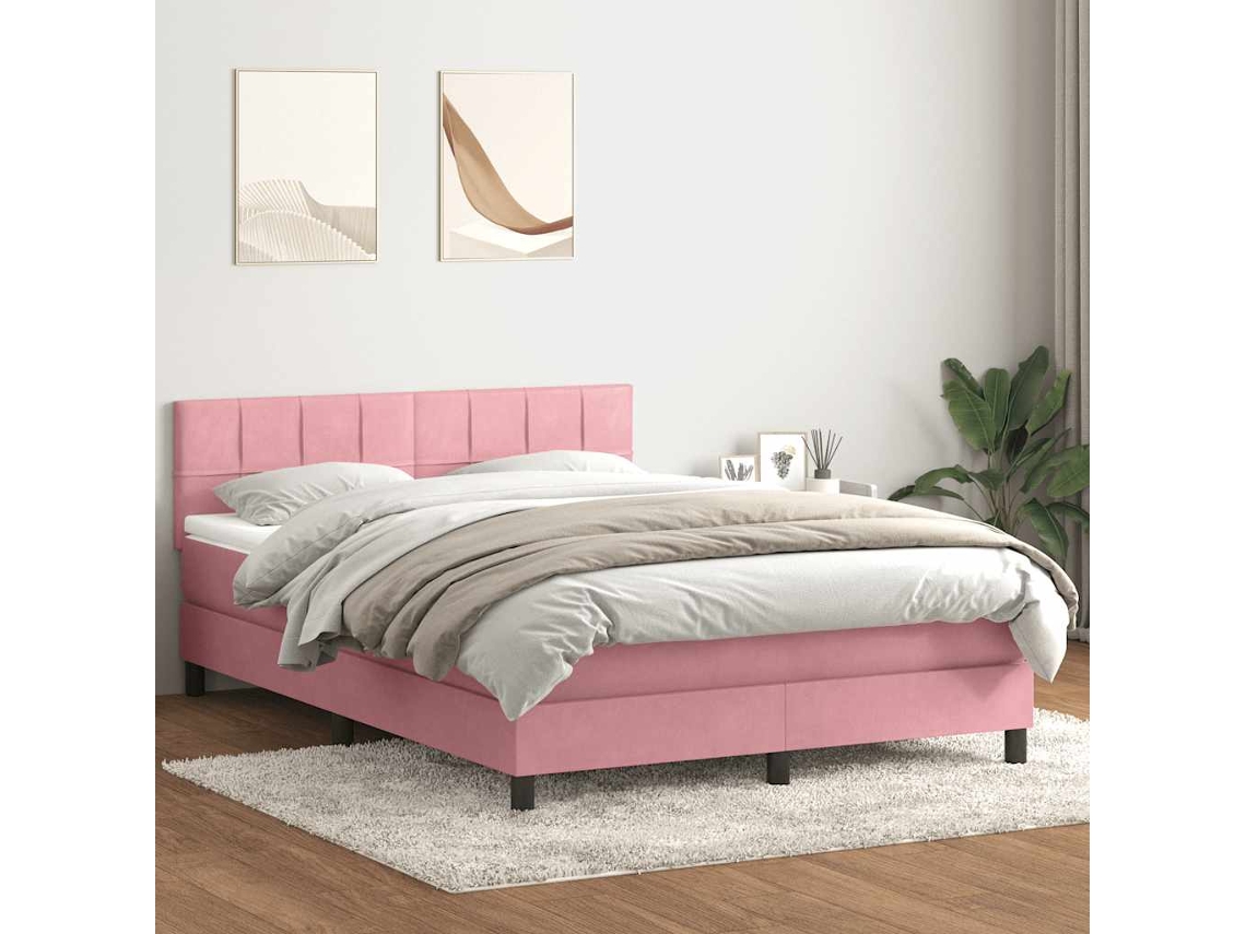 Vidaxl Cama Com Molas/colchão 140x210 Cm Veludo Rosa