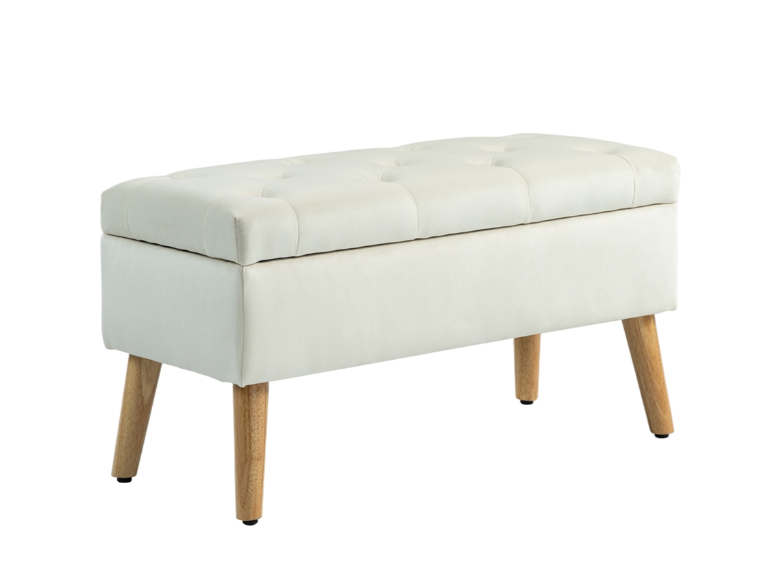 Banco/baú CHEZMOI de tecido com efeito aveludado, pés de madeira, carga 120 kg, 80x35x42 cm, creme