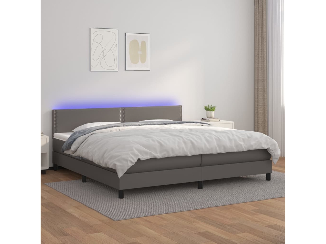 Vidaxl Cama Box Spring C/ Colchão/led 200x200cm Couro Artificial Cinza