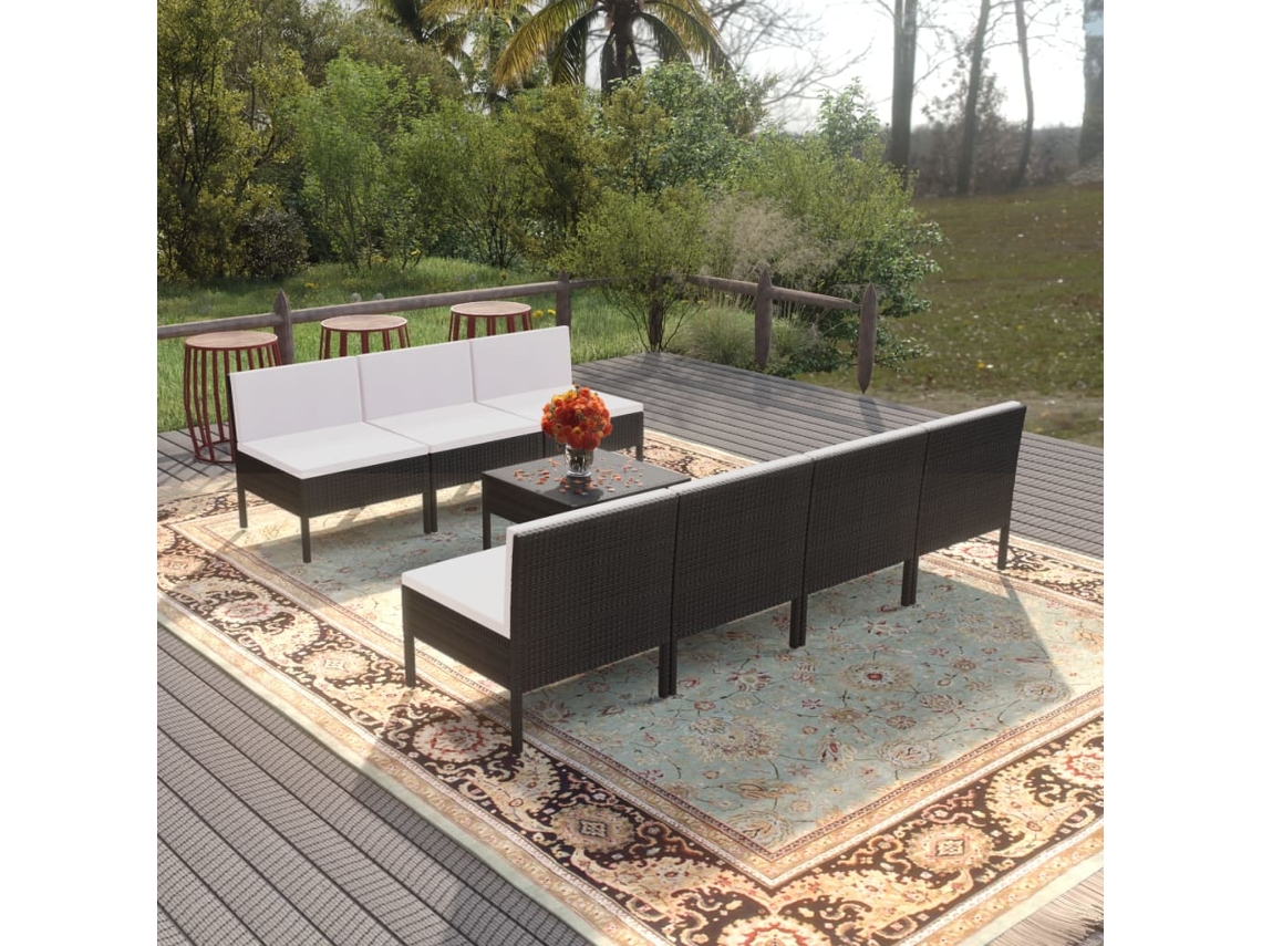 Vidaxl 8 Pcs Conjunto Lounge De Jardim C/ Almofadões Vime Pe Preto