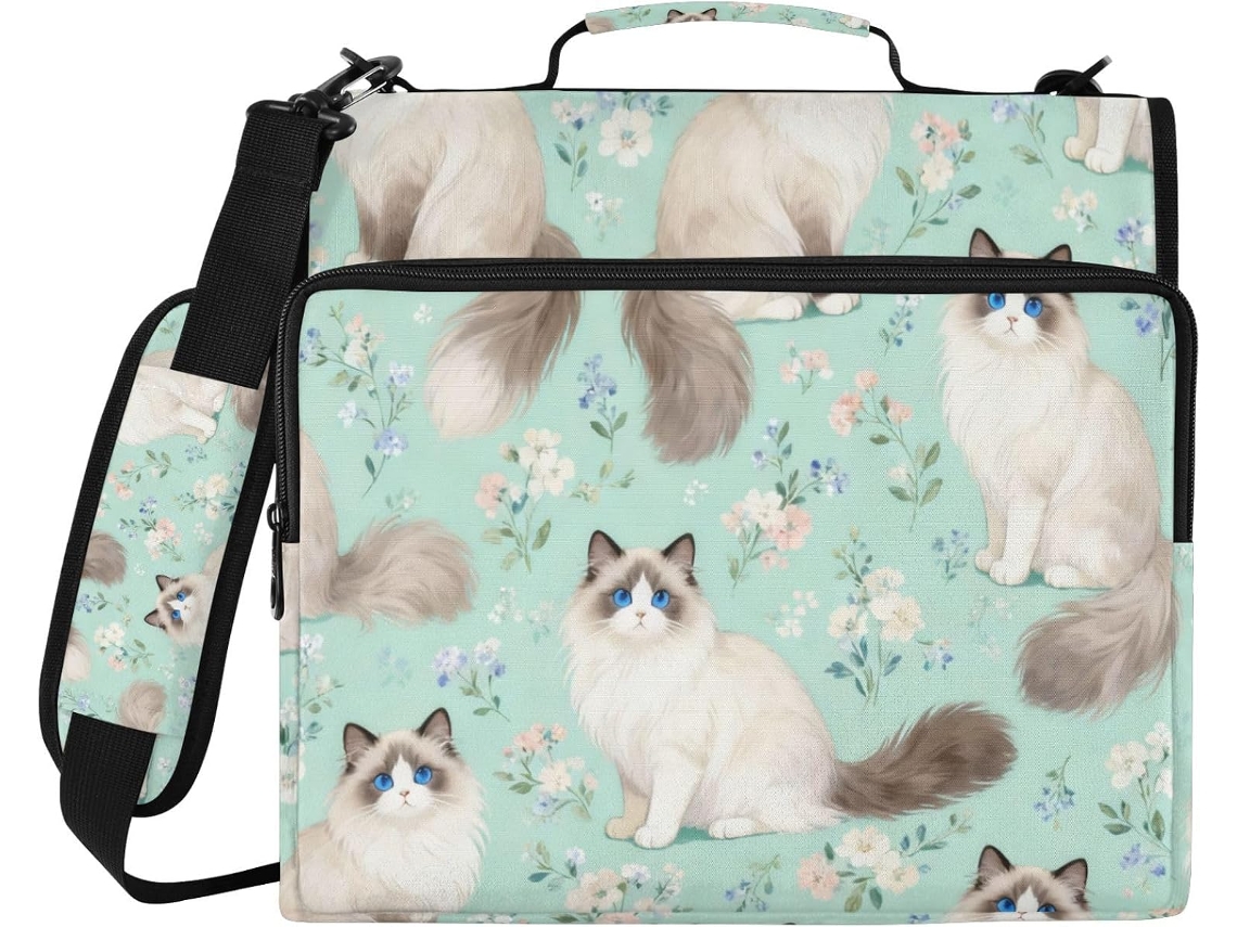 Organizador de 3 argolas com estampa de gato e flor verde claro, para ombro e mão, em Prova d'Água, ideal para documentos.