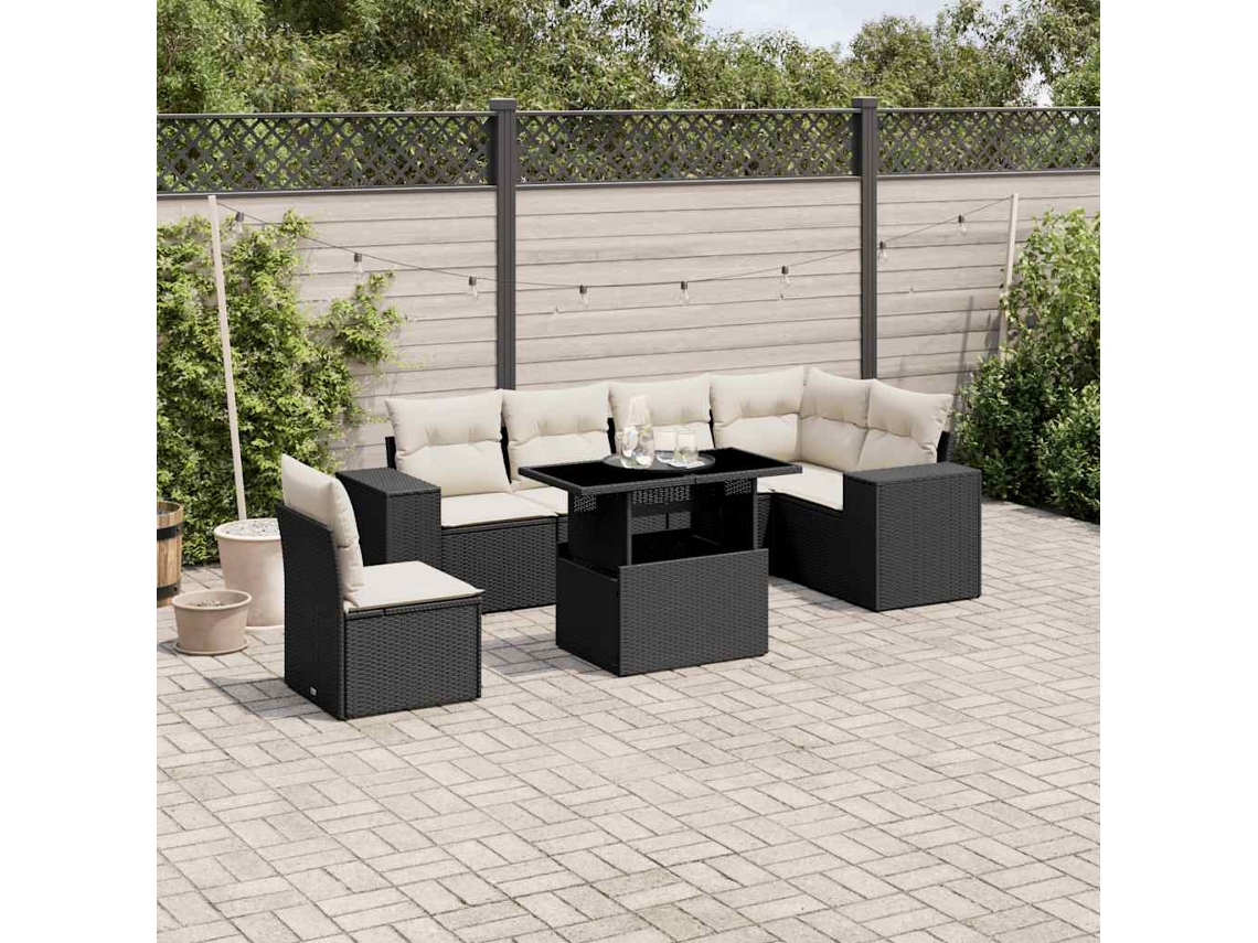 Vidaxl 7 Pcs Conjunto De Sofás P/ Jardim C/ Almofadões Vime Pe Preto