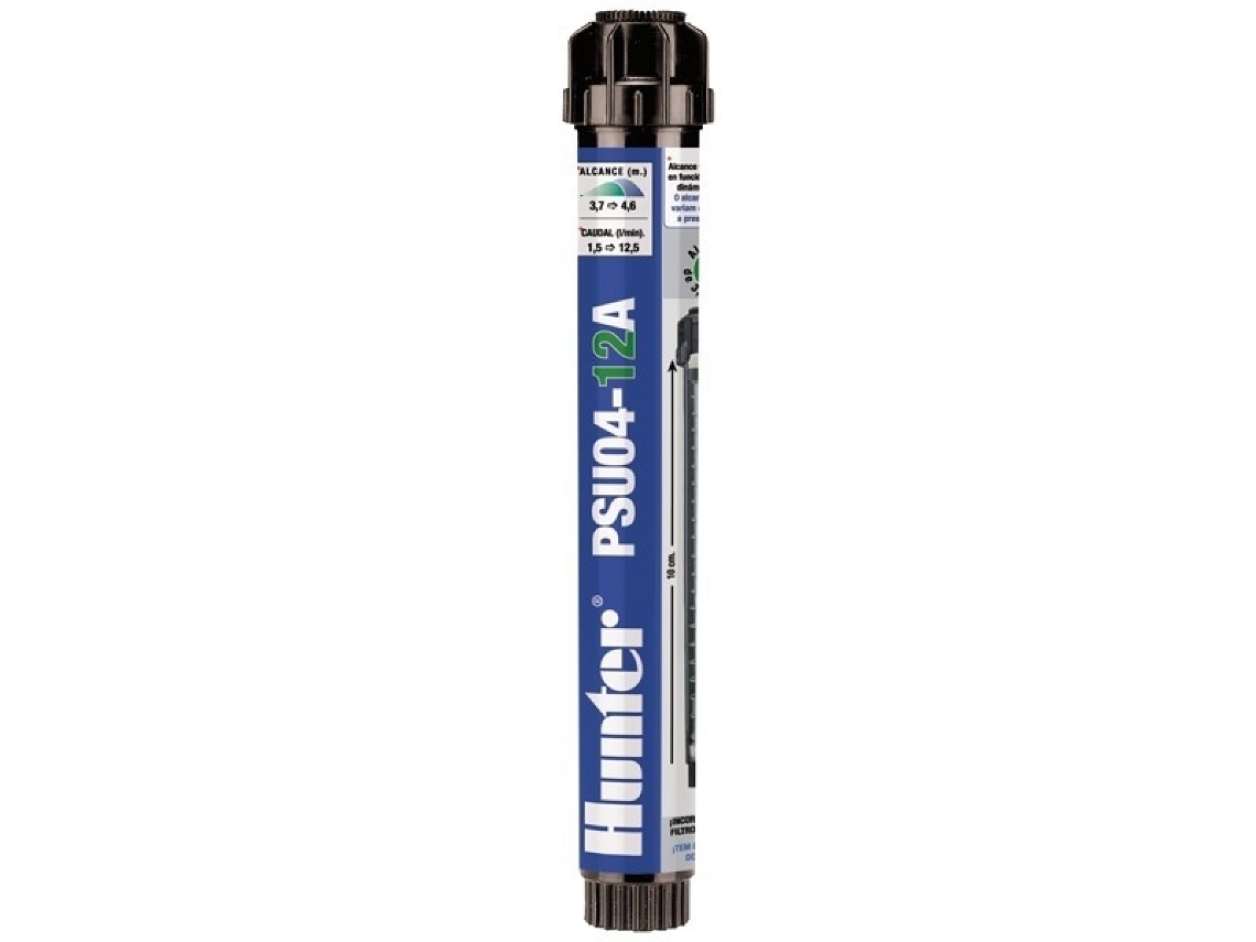 Difusor HUNTER PSU-04-12A. Alcance 3,70 m Altura total: 18,4 cm Altura de emergência: 10cm Diâmetro exposto: 3 cm Conexão: ½ fêmea Alcance: