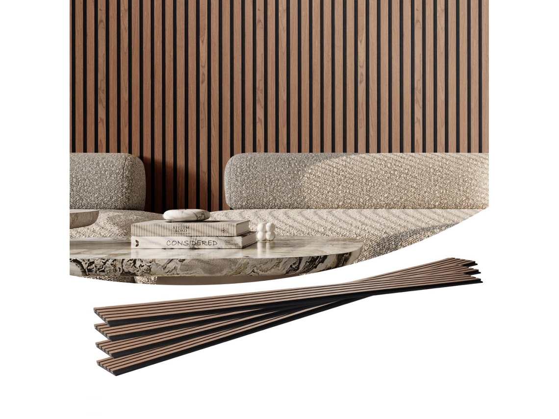 Painéis Acústicos Decorativos Em Mdf Nogueira 240x20cm Para Paredes E Tetos Com Isolamento Sonoro Tekmaquinas