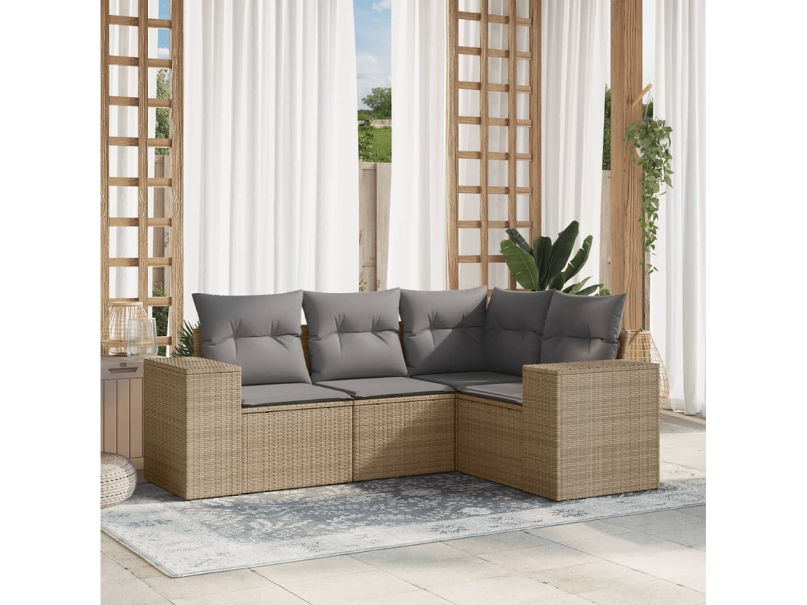 Vidaxl 4 Pcs Conjunto De Sofás Para Jardim C/ Almofadões Vime Pe Bege