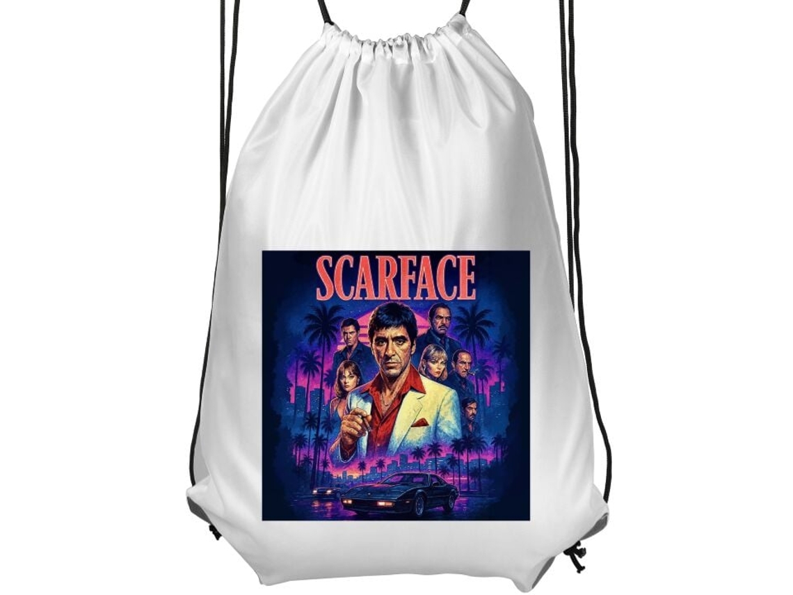 Mochila De Ginástica Infantil Branca, Confortável E Prática, Com Estampa Cinematográfica De Tony Montana E Ambiente Urbano Inspirado Em Neon