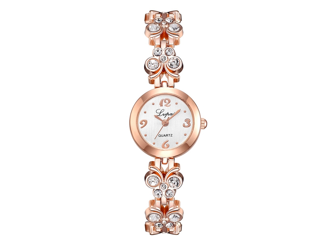 Relógio de Pulso Feminino com Pulseira de Liga e Strass Mostrador Redondo Quartzo Rosa Ouro Branco