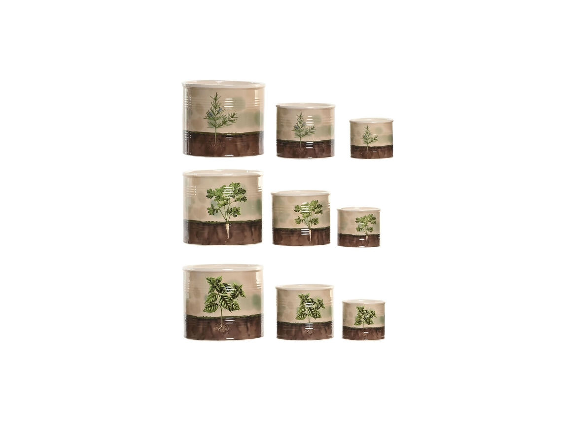 Plantador Home Esprit Castanho Verde Cerâmica Cottage 13,6 X 13,6 X 11,8 Cm (3 Unidades) (3 Peças)