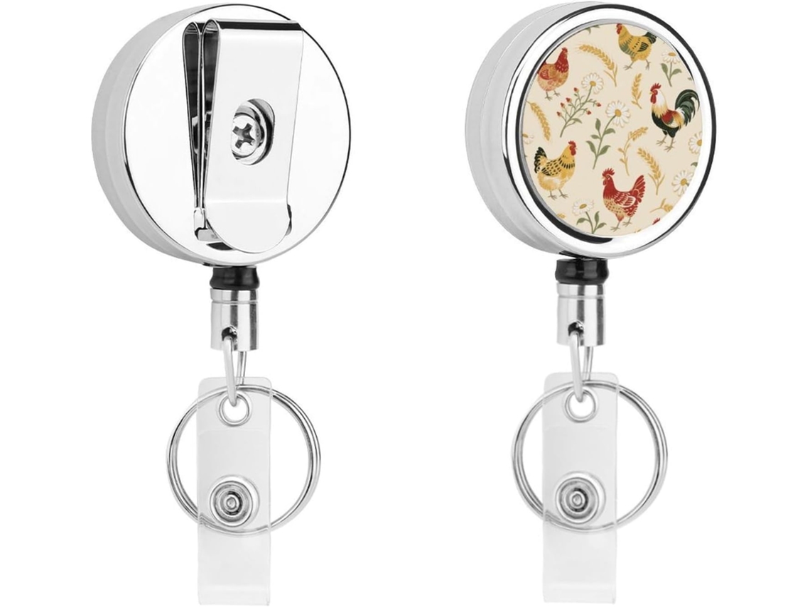 Porta Crachá Retrátil Com Estampa De Galinha E Galo, Moderno E Durável, Em Metal, Com Cordão De Nylon De 68cm, Ideal