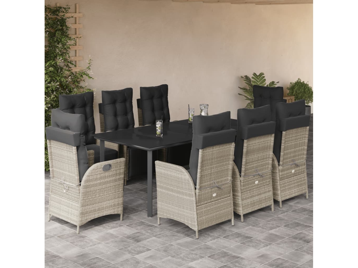 Vidaxl 9 Pcs Conjunto De Jantar P/ Jardim C/ Almofadões Cinzento Claro