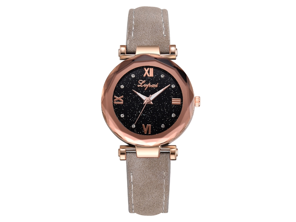 Relógio de Pulso Feminino de Quartzo com Pulseira de Couro Pu e Cristais (cinza)