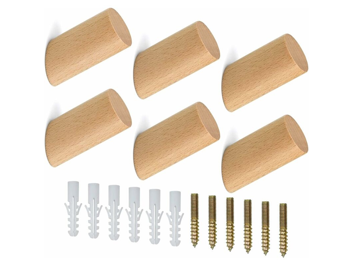 Conjunto De 6 Cabides De Madeira Com Ganchos Cilíndricos Para Parede, Com 6 Parafusos, Para Pendurar Roupas, Chapéus E Cachecóis No Quarto