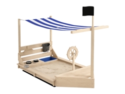 Caixa de areia de madeira com conjunto de cozinha, acessórios, baú, rádio, bandeira (180x103x144,5 cm) Natural | S/MARCA
