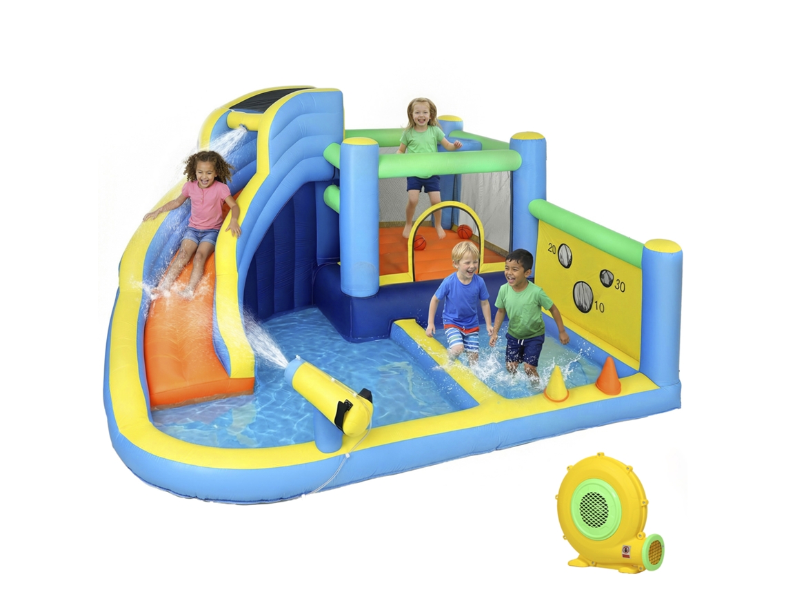 Castelo Insuflável Aquático 8 em 1 com Soprador 550w Escorrega Trampolim Escalada Piscinas Cesto Lançamento de Argolas Ge