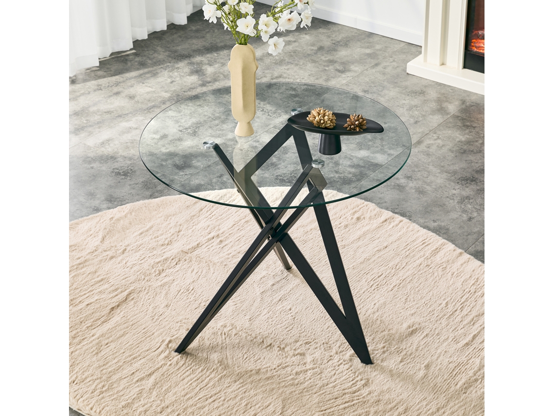 Mesa De Centro Redonda De Vidro Com Ø85cm E Base Geométrica.