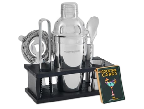 Kit Barman Conjunto De 8 Peças De Shaker Prateado Com Suporte De Madeira Preta Beeworks