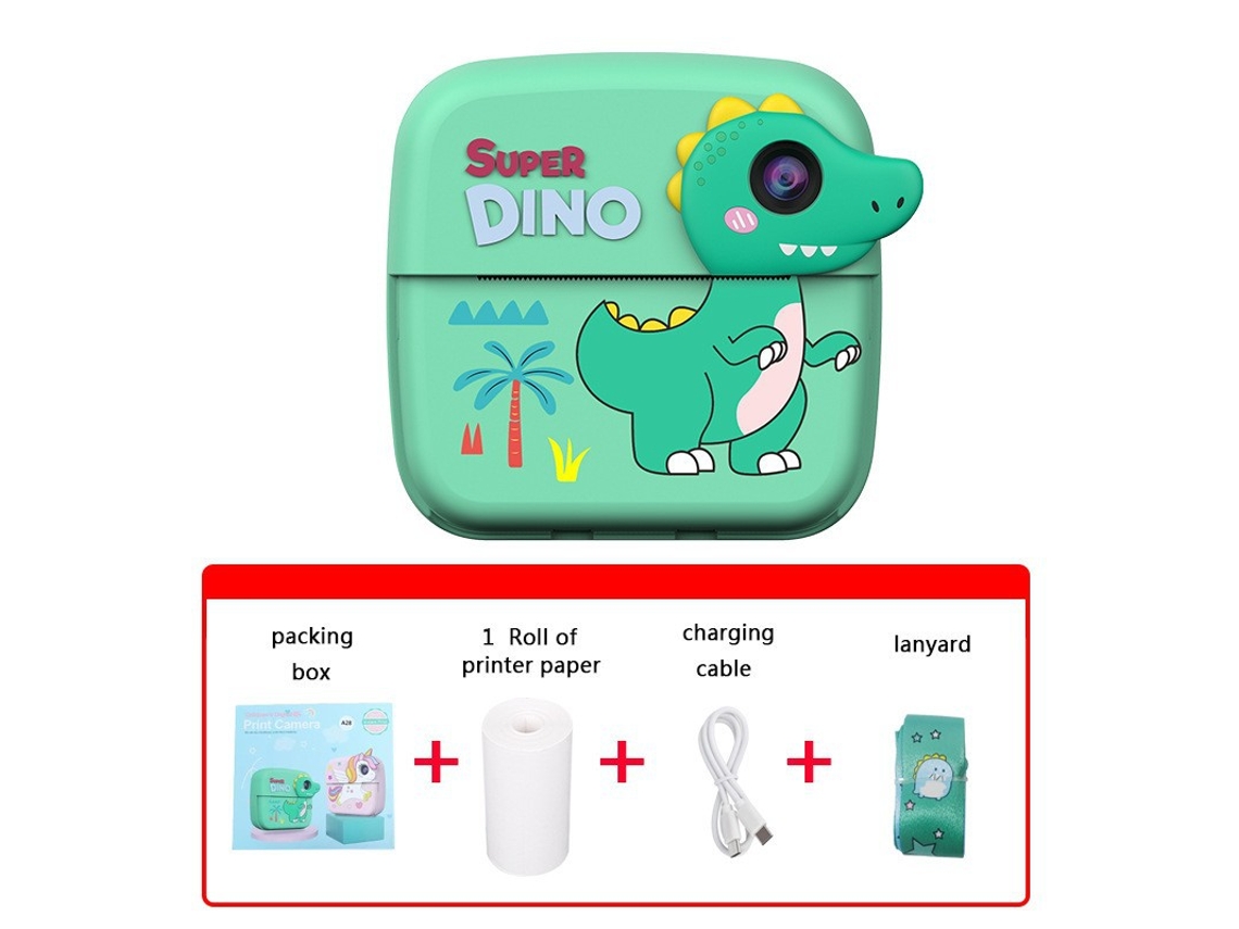 Câmera Instantânea Infantil de Presente A28 com Estampa de Dinossauro Verde + 1 Rolo de Papel para Impressora. YUNZII