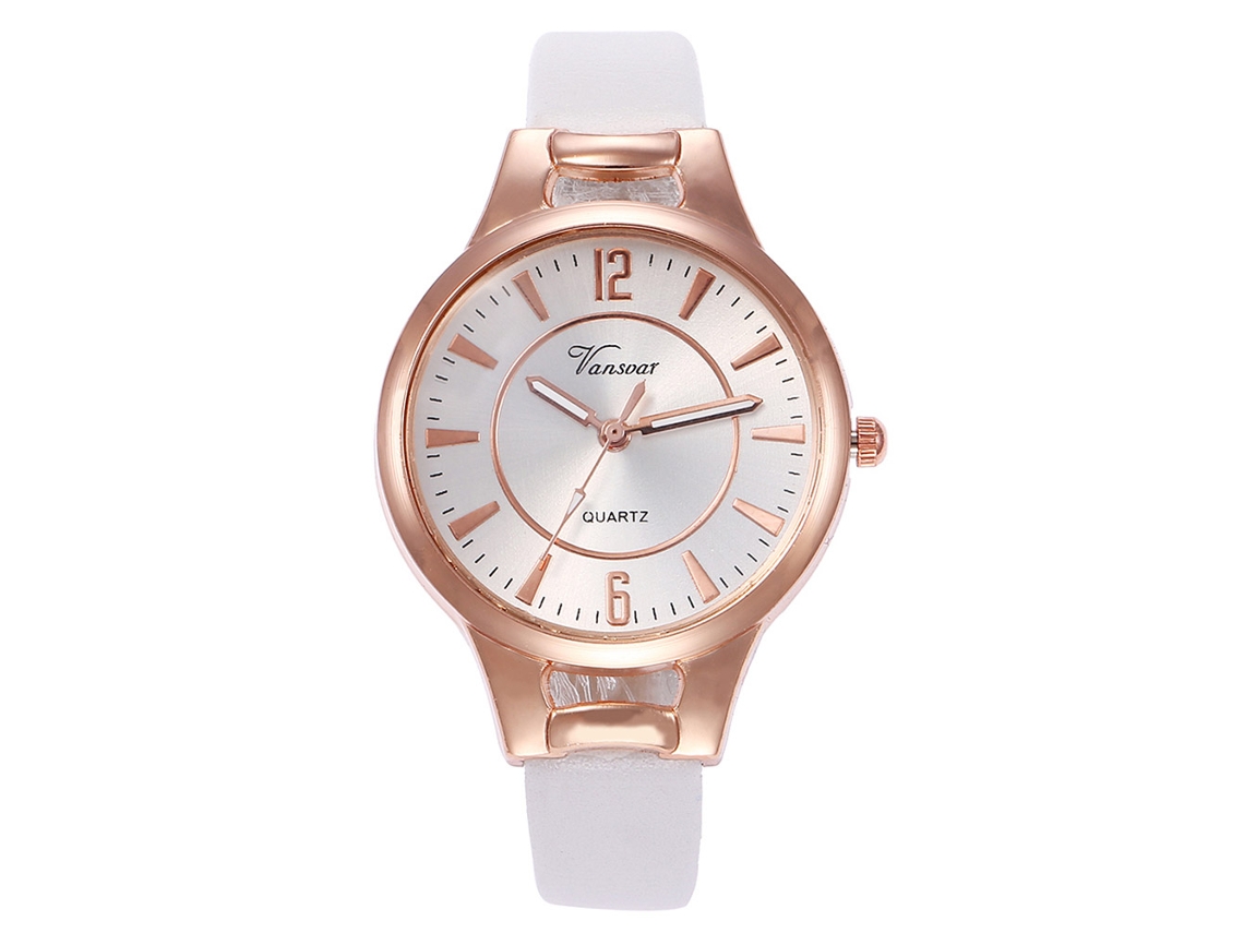 Relógio de Pulso Feminino Vansvar V406 Slim Pulseira Pu Quartzo Estilo Casual Branco